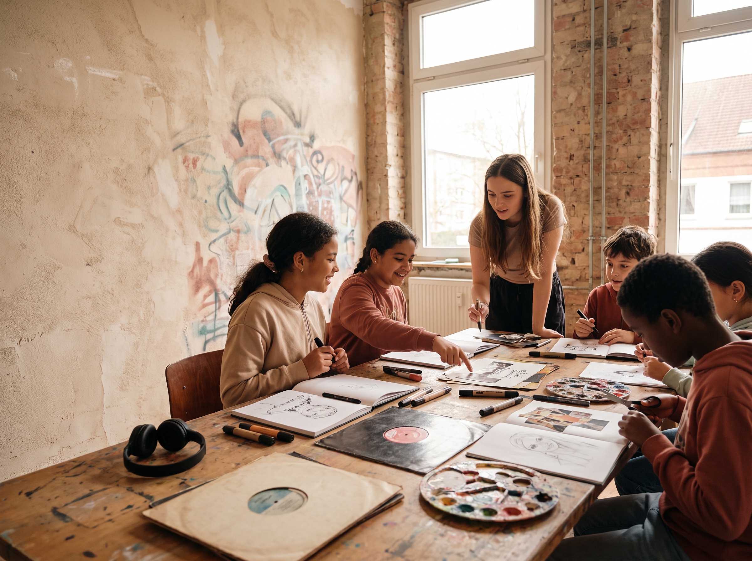 Junge Menschen in einer kreativen Werkstattsituation mit Musik, Bewegung und Gestaltung