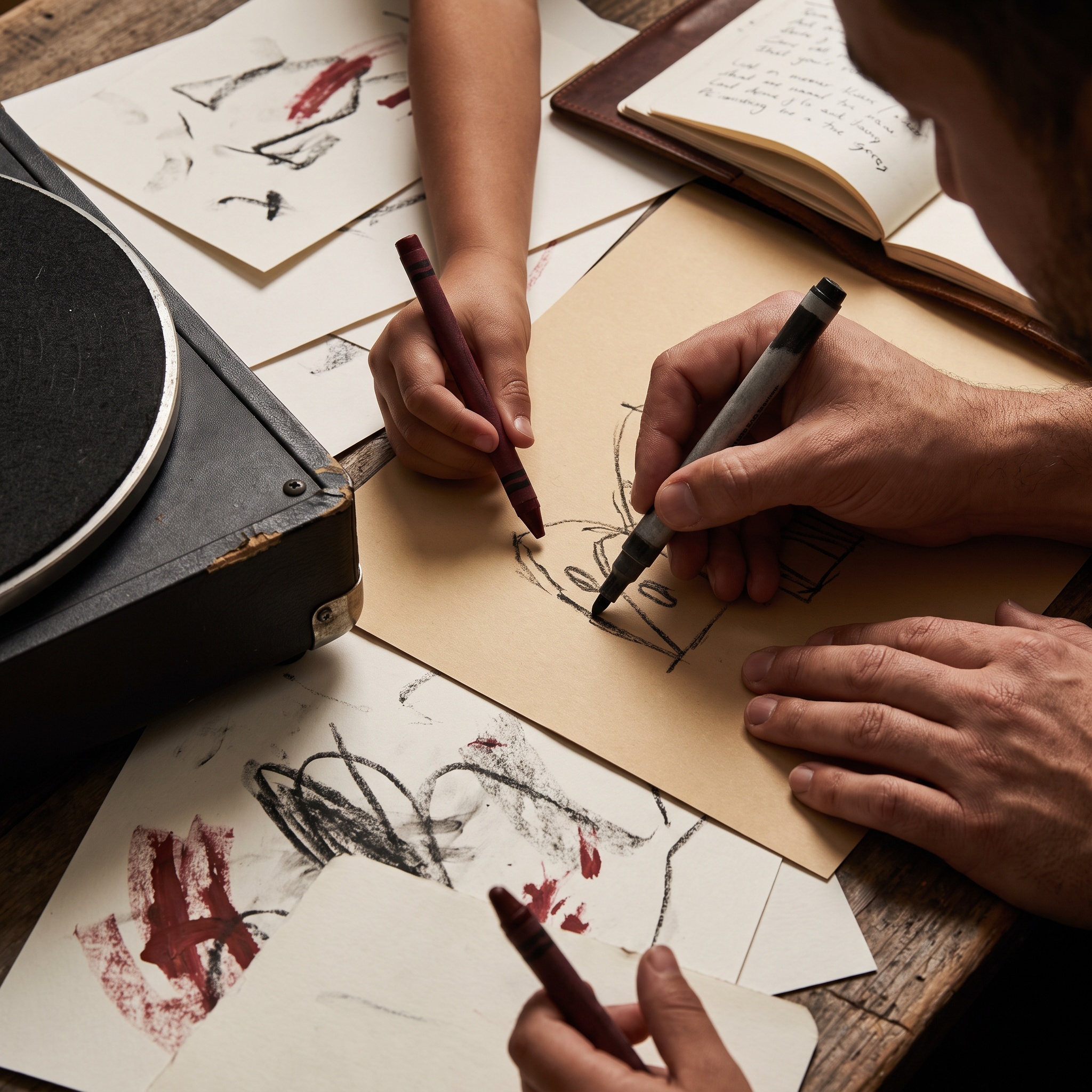 Detailaufnahme aus einer kreativen Werkstatt mit Materialien, Musikbezug und gemeinsamer Arbeit